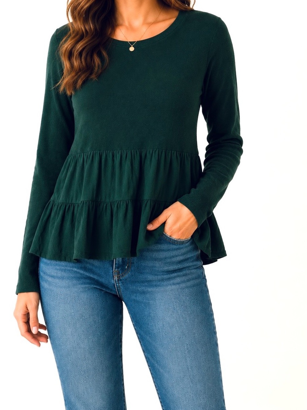 Zara Green Peplum Long Sleeve Knit Sweater Top Size Medium M Casual Boho